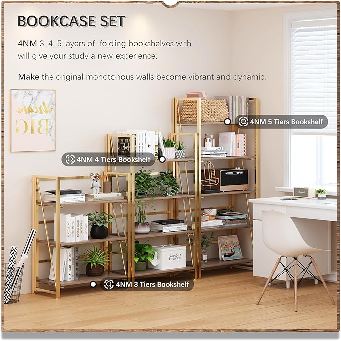 4NM No Assembly Foldable Bookshelf, 5-Shelf Collapsible Bookcase Storage for Small Spaces, 62.2" H, Brown and Golden-CasaMuseHome