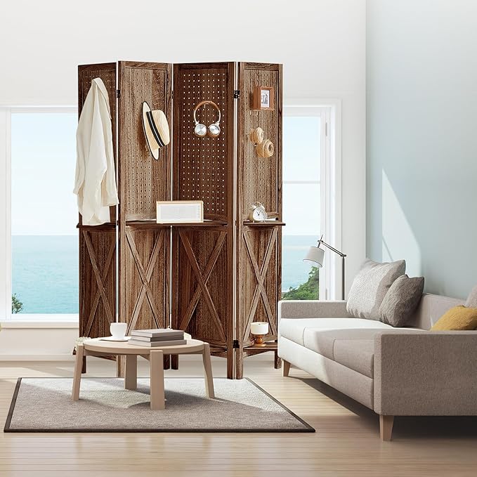 4 Panel Pegboard Display with 16 Hooks, Wooden Pegboard Room Divider Wall with Shelf, Rustic Room Dividers and Folding Privacy Screens, Bedroom, Jewelry Store, Brown-CasaMuseHome