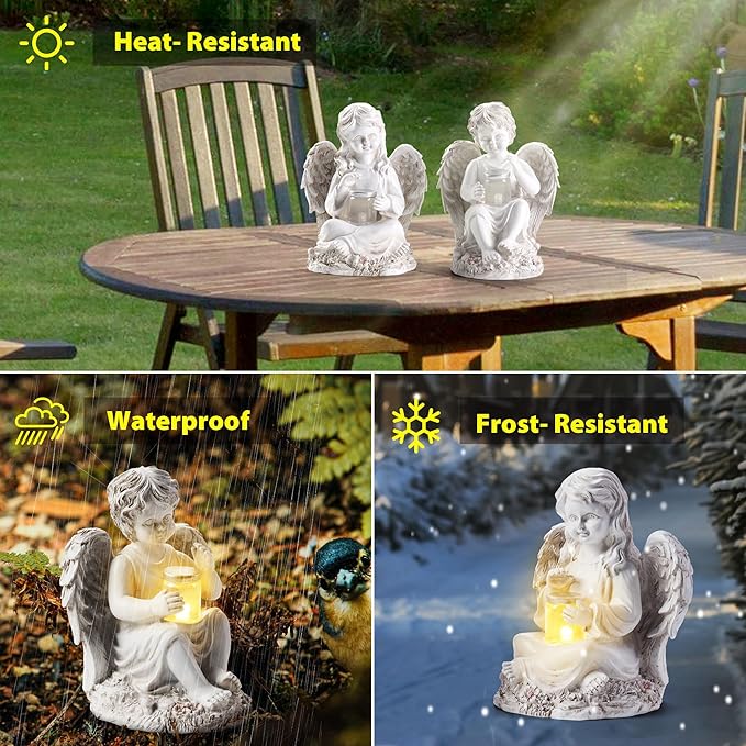 2 Pack Outdoor Angel Statue Garden Decor, Classic Solar Angel Figurine Decoration for Yard Art Indoor Porch Home Lawn Outside Light up Cherub Sculpture Guardian Wings Memorial Gifts-CasaMuseHome