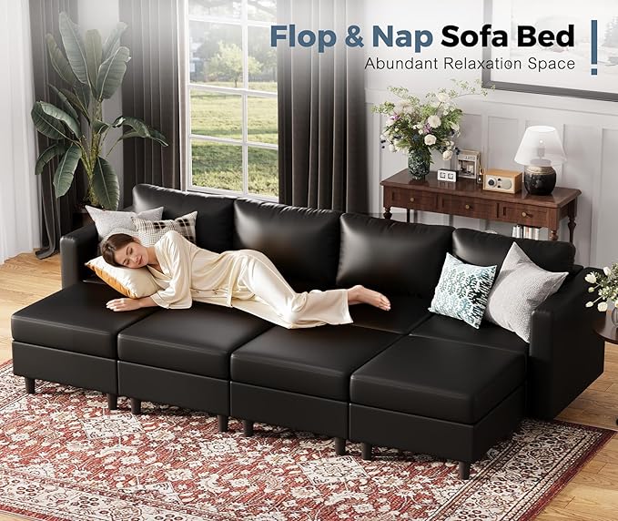 118.5" Luxury Modular Sleeper Sofa Bed with Storage Seat, 8 Seat Sectional Couch Deep Seat with Reversible Chaises & Removable Cover - Black Faux Leather-CasaMuseHome
