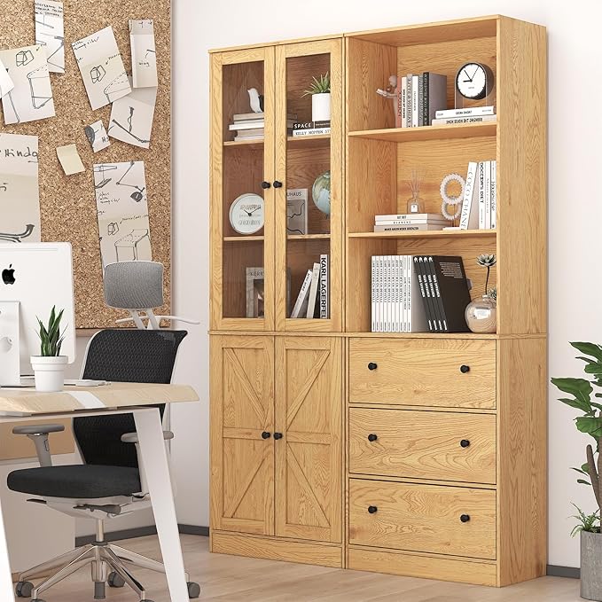 71" Tall Bookshelves Set of 2, Bookcase with Drawers & Bookshelf with Doors, Wooden Bookshelves Floor Standing Display Storage Shelves Home Decor Furniture for Home Office, Living Room,Natural-CasaMuseHome