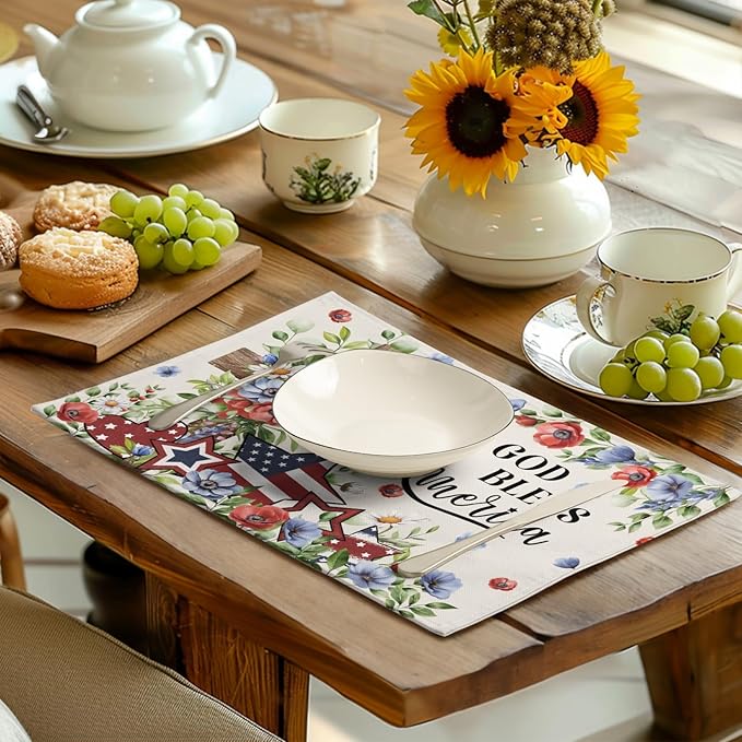 4th of July Placemats Set of 4 Patriotic Floral Cross Stars Independence Memorial Day Place Mats 12x18 Inch God Bless America Linen Fabric Table Mats for Party Kitchen Dining Decoration-CasaMuseHome