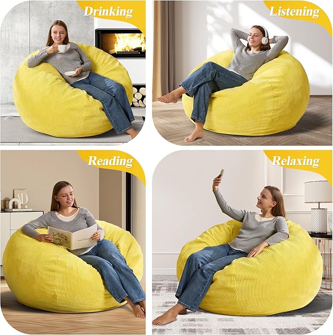 3.5FT Bean Bag Chairs Teardrop Bean Bag Chair for Adults Beanbag Chair with Memory Foam Filled Machine Washable Cover for Living Room, Bedroom (Large,Yellow)-CasaMuseHome