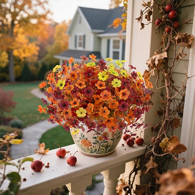12 Bundles Artificial Fall Flowers Faux Mums for Outdoor Indoor, Artificial Plants Daisy Faux Plants Fake Mums for Fall Decor Pots Patio Garden Porch Autumn (Orange，Brown，Yellow) (12)-CasaMuseHome