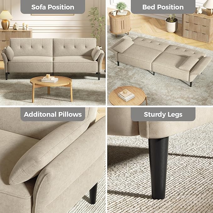 89” Futon Sofa Bed, Velvet Fabric Comfy Futon Couch Bed with 2 Square Pillows, Convertible Sleeper Sofa with Adjustable Backrest& Armrests, Modern Loveseat Sleeper for Living Room, Beige-CasaMuseHome
