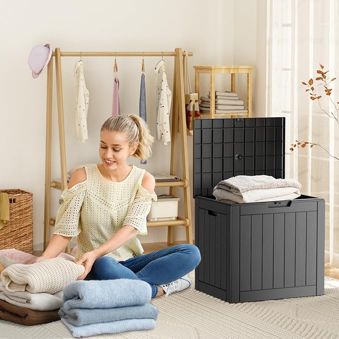 31 Gallon Resin Deck Box, Lockable Patio Outdoor Storage Box for Furniture, Garden Tools and Tools Storage, Waterproof Outside Storage Boxes - Black-CasaMuseHome