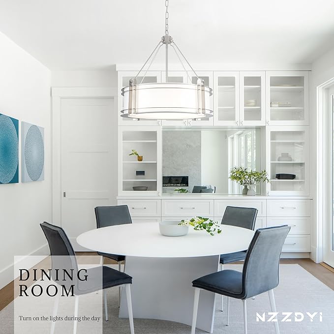 20.4''Drum Chandelier,5-Light Brushed Nickel Modern White Fabric Chandeliers,Farmhouse Round Pendant Light Fixture for Dining Room Kitchen Island Living Room Bedroom Hallway-CasaMuseHome