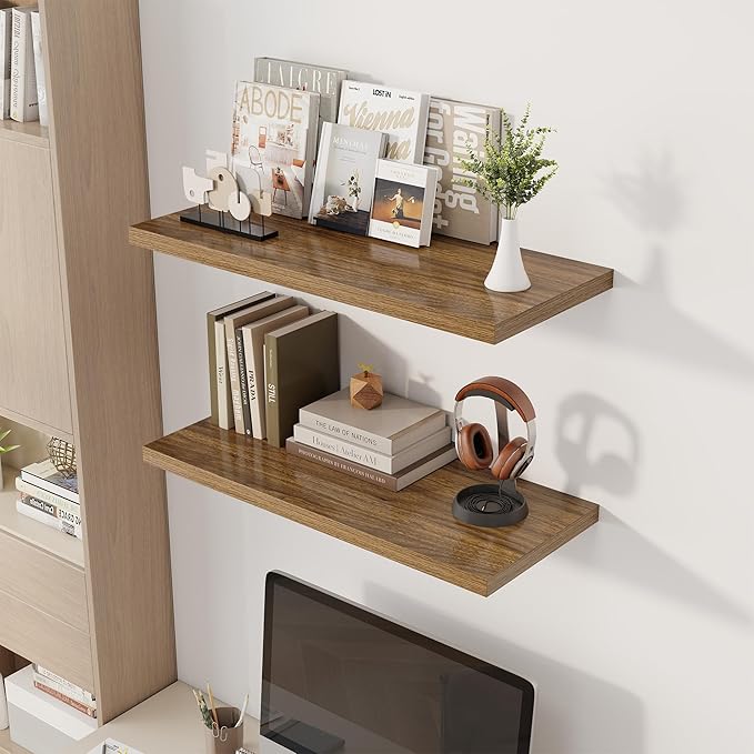 32" Floating Shelves for Wall, 12" Deep Slim Walnut Floating Shelves, Wall-Mounted Shelves for Bedroom, Living Room, Kitchen, Bathroom - Set of 2-CasaMuseHome