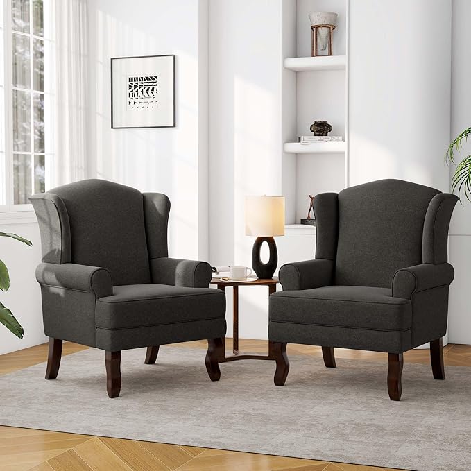 Accent Chair, High Back Upholstered Armchair with High Resilience Sponge & Wood Legs, Mid-Century Modern Comfy Single Sofa Reading Chairs for Living Room, Bedroom (Dark Grey, Set of 2)-CasaMuseHome