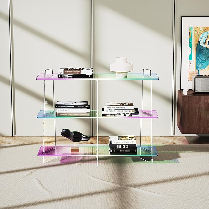 Acrylic Bookshelf, Small 3 Tier Open Bookcase for Small Spaces,Sofa Table, Hallway Entry Table for Home Living Room (Iridescent, 39.4" x 11.8" x 31.5)-CasaMuseHome