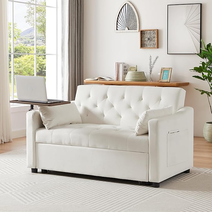 3-in-1 Convertible Sleeper Sofa Bed, Pullout Couch with 360° Swivel Side Table, Modern Chenille Fabric, Easy to Assemble, Folding Loveseat Sofa Bed for Living Room & Guest Room-CasaMuseHome