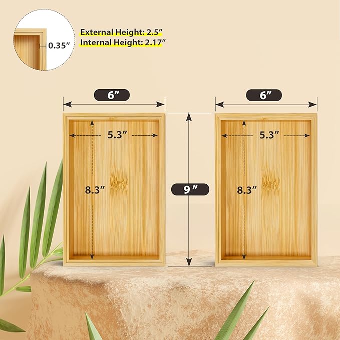 Kitchen Drawer Organizer Bins, Stackable Bamboo Drawer Organizer for Silverware, Flatware, Deep Office Desk Drawer Organizer Tray, Desktop Pen, Office Organization 9" x 6" x 2.5" (Set of 2)-CasaMuseHome