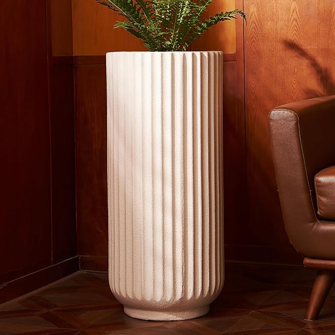 31.5 Inch Tall Roman Column Concrete Planter（14.2Dx31.5H，36 Pounds）,Durable All-Weather Use with Drainage Holes,Large Tall Round Planter for Outdoor Indoor Plants-CasaMuseHome