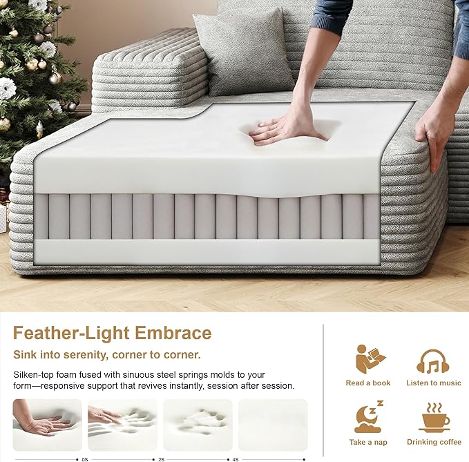 136" Sectional Couches for Living Room Modern Modular Sofa with L-Shape Couchs Upholstered Boneless Couch Deep Seat Sectional Couch with Chaise (Grey, Left Facing Chaise+3Seaters+Ottoman)-CasaMuseHome