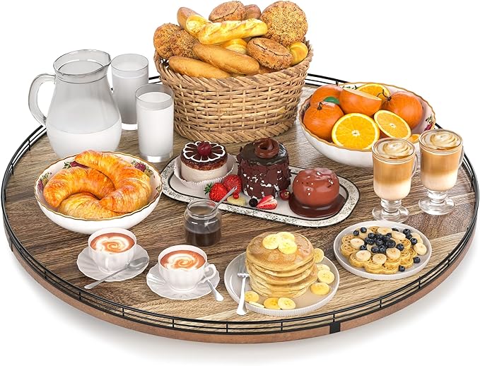 Acacia Wood 24" Lazy Susan Turntable Organizer for Table Top, Farmhouse Extra Large Round Lazy Susan for Serving Kitchen Countertop Cabinet for Charcuterie Centerpiece, Bathroom Vanity Tray Decor-CasaMuseHome