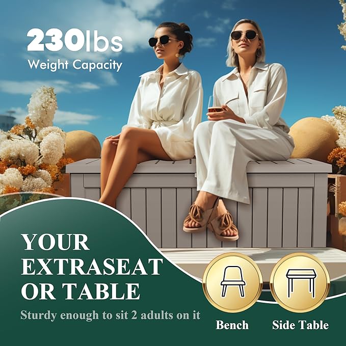 230 Gallon Outside Storage Box, Resin All Weather Storage Cabinet, Large Deck Box for Garden Tools, Patio Furniture, Sports Equipment, Light Brown-CasaMuseHome