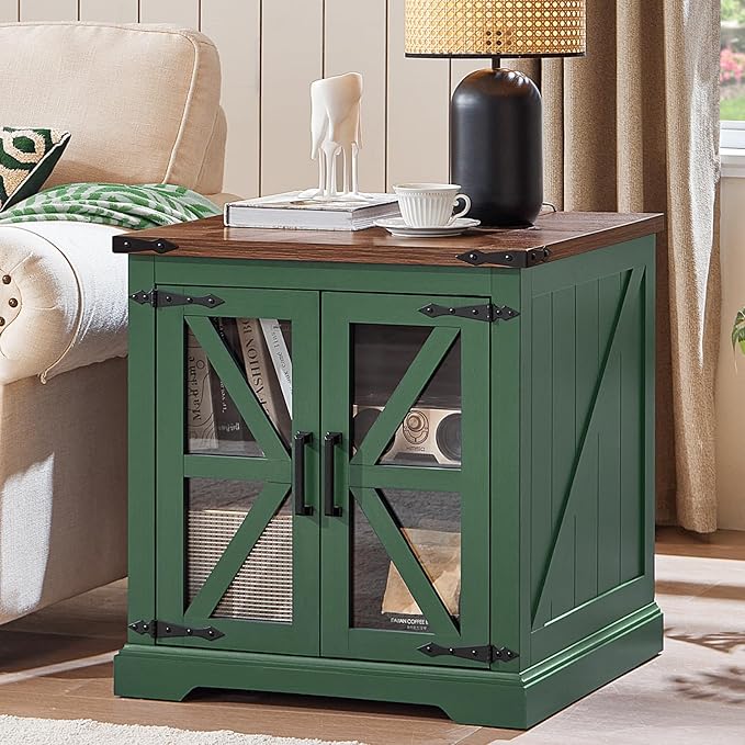 24" End Table with Charging Station, Farmhouse Night Stand with Glass Barn Door, Green Nightstands with Adjustable Storage Shelf, Large Wood Square Bed Side Table for Living Room, Bedroom-CasaMuseHome