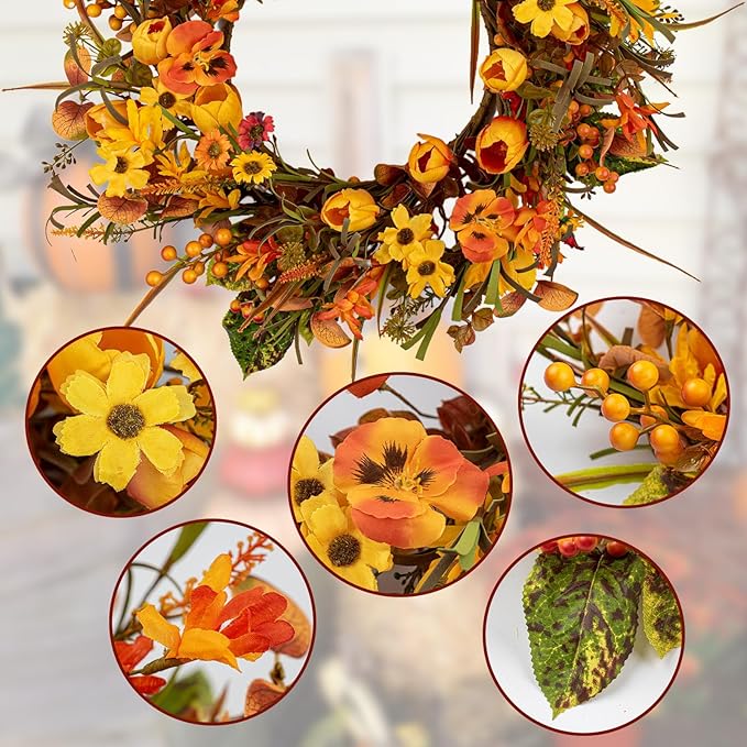18 Inches Fall Wreaths for Front Door Rustic Autumn Wreath Farmhouse Fall Floral Wreaths with Tulips Phalaenopsis Orange Wildflowers for Wall Window Porch Indoor Outside Decor-CasaMuseHome