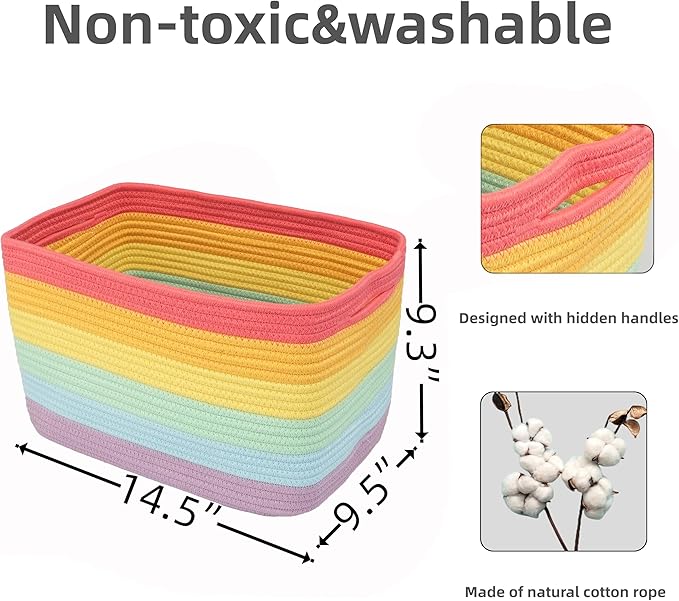 3-Pack Rainbow Storage Baskets 14.5X9.5X9.3“ – Woven Toy Organizer Bins for Kids, Baby Room, Nursery, and Classroom – Cute Square Rope Baskets for Shelves and Organization Rainbow-CasaMuseHome