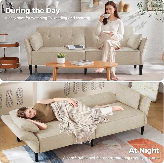89” Futon Sofa Bed, Velvet Fabric Comfy Futon Couch Bed with 2 Square Pillows, Convertible Sleeper Sofa with Adjustable Backrest& Armrests, Modern Loveseat Sleeper for Living Room, Beige-CasaMuseHome