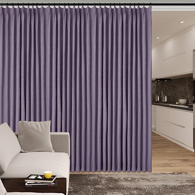 70" W x 108" L Faux Linen Room Divider Curtains, Full Blackout Pinch Pleated Drapes for Traverse Rod, Bedroom Divider Privacy Drapery with Hooks for Ceiling Track, 1 Panel, Violet-CasaMuseHome