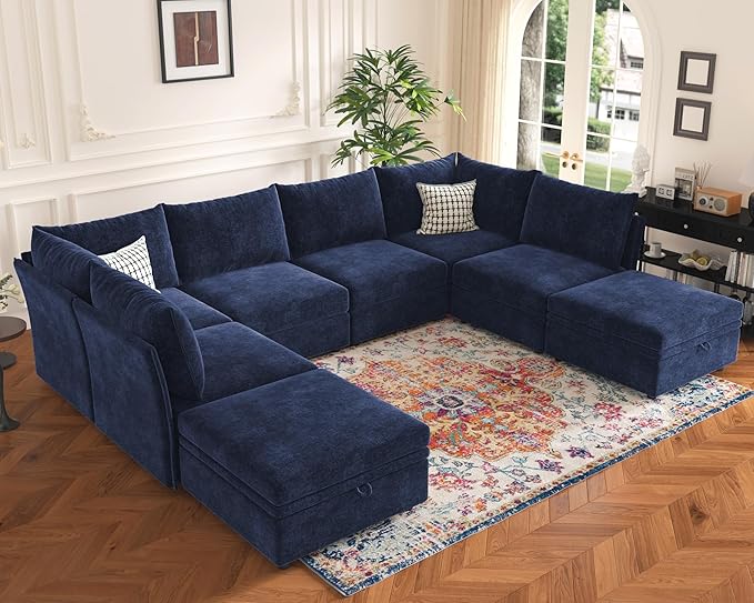 136.4" Oversized Modular Sectional Sleeper Sofa Bed, U Shaped Convertible Couch with Movable Ottoman, Large 8 Seat Corner Couches for Living Room Deep Seat Blue Chenille-CasaMuseHome