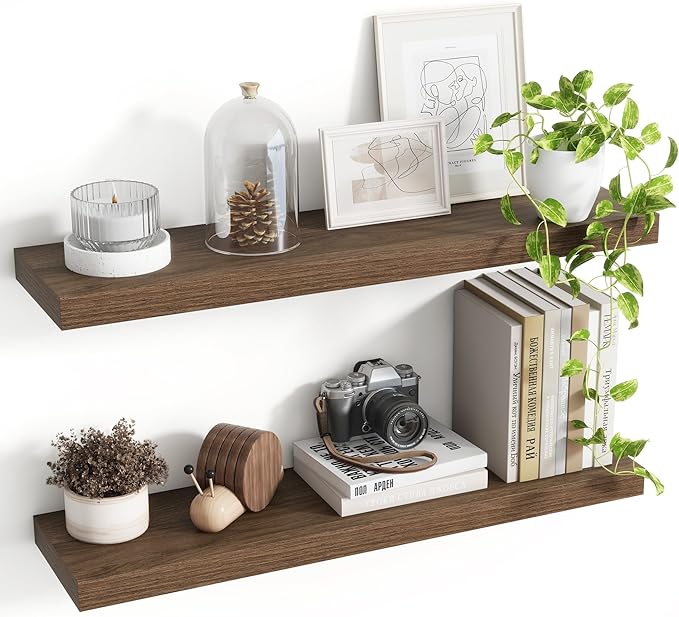 30 Inch Floating Shelves, 8 Inch Deep Floating Shelves for Wall, Hanging Shelf with Invisible Brackets, Deep Shelves for Bathroom, Bedroom, Living Room, Walnut, Set of 2-CasaMuseHome