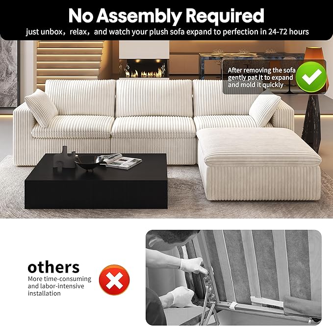 118" L Shaped Modern Sofa Modular Sectional Cloud Couch with Ottoman,Deep Seat Upholstered Couches with Plush Corduroy Fabric for Living Room Furniture,Bedroom and Apartment,No Assembly Required,White-CasaMuseHome