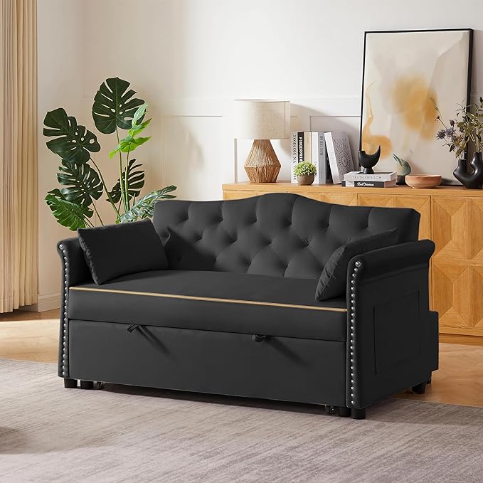 58" Velvet Sofa Bed, 3-in-1 Convertible Pull-Out Sleeper Sofa & Couch with Storage Bag and Adjustable Backrest,Perfect for Small Spaces, Living Room, or Office-CasaMuseHome