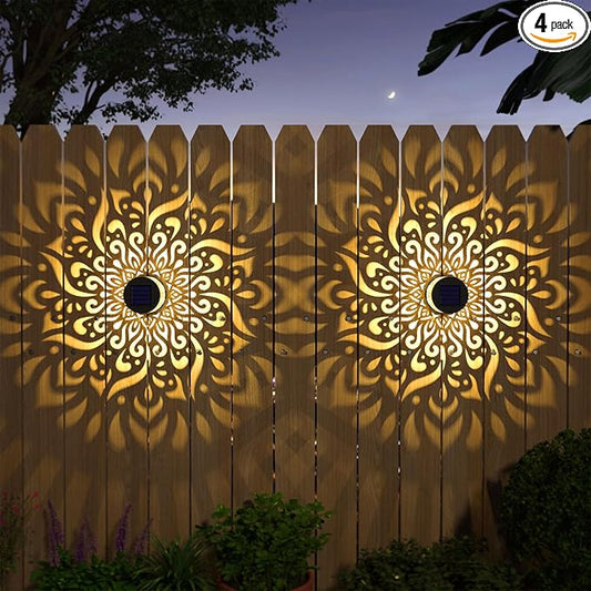 4 Pack Solar Fence Lights Metal Solar Powered Outdoor Wall Deck Step Lights Mandala Theme Waterproof Fence Light for Garden Post Patio Backyard Decor (4 Pack)-CasaMuseHome