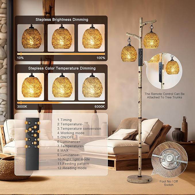 68.5" Rustic Farmhouse Remote Control Switch Birch Tree Floor lamp with Bird Nest Lantern Shade Vintage Standing Lamp for Living Room Bedroom Hotel Bar Office Wood House(Bulb Included)-CasaMuseHome