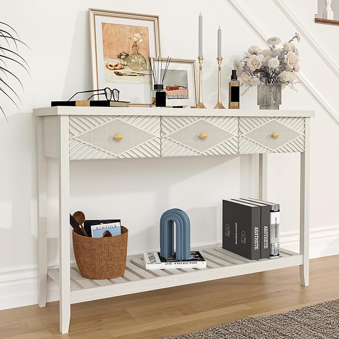 47" Fluted Console Table with 3 Drawers, Narrow Long Entryway Table with Storage Shelf, Sofa Tables for Entryway, Living Room, Behind Couch, Foyer, Hallway, Office (Beige)-CasaMuseHome