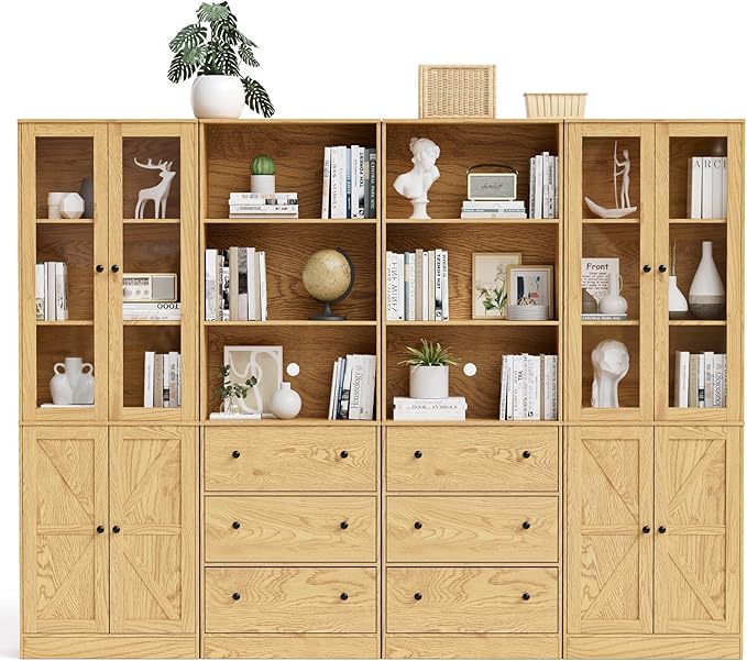 71" Tall Bookshelves Set of 4, 2 Bookcases with Drawers & 2 Bookshelves with Doors, Wooden Bookshelves Floor Standing Display Storage Shelves Home Decor Furniture for Home Office, Living Room-CasaMuseHome