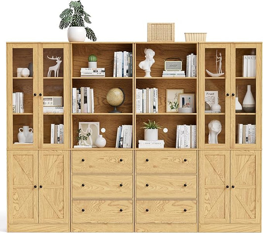 71" Tall Bookshelves Set of 4, 2 Bookcases with Drawers & 2 Bookshelves with Doors, Wooden Bookshelves Floor Standing Display Storage Shelves Home Decor Furniture for Home Office, Living Room-CasaMuseHome