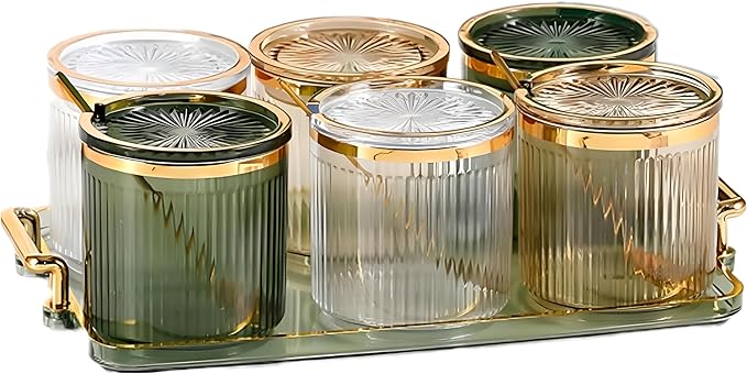 Acrylic Condiment Spice Jars,Condiment Spice Box With Lids and Spoons and Tray,Clear Plastic Condiment Canisters,Seasoning Box 6 Pack,Seasoning Box Set for Kitchen to Storage Salt,Paprika,Sugar-CasaMuseHome