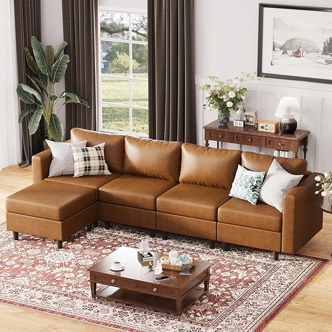 118.5" Faux Leather Modular Sectional Sofa, L Shaped Couch Set for Living Room, 5-Seater Comfy Cloud Couches with Movable Storage Ottoman,DIY Combination - Brown-CasaMuseHome