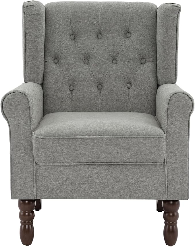 Accent Chair, Upholstered Armchair with Button Tufted High Back & Solid Wood Legs, Comfy Wingback Reading Single Sofa Chair for Small Spaces, Living Room, Bedroom (Light Grey, Set of 1)-CasaMuseHome