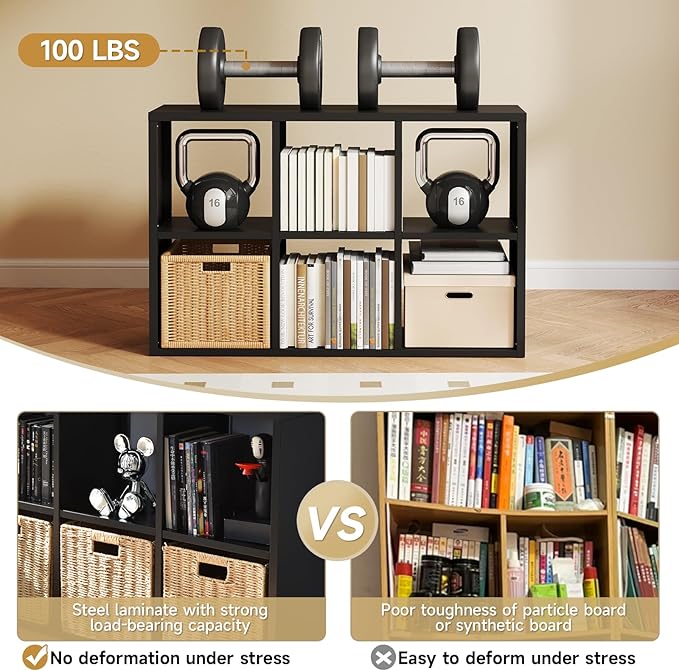 6 Cube Storage Organizer, Black Bookshelf with Storage, 2 Tier Storage Cubes, Freestanding Storage Organizer with Shelves for Living Room, Study-CasaMuseHome