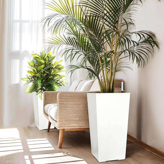 22.5" Tall Planters Set of 2, Outdoor＆Indoor Black Planter Pots, High Front Porch Planter Pots with Drainage Holes＆Water Level Monitor＆Inner Bucket, Automatic Watering, White-CasaMuseHome