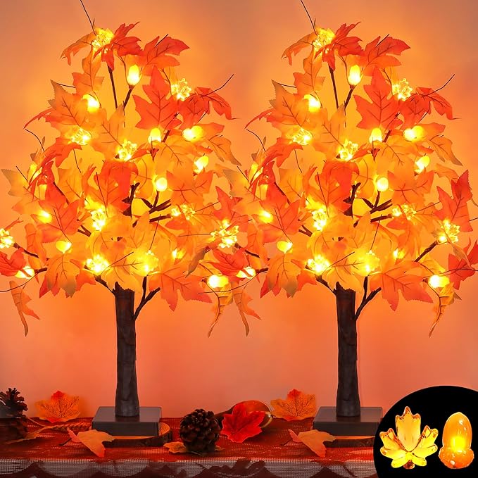 2 Pack 24 Inch Prelit Fall Maple Tree Fall Decor with 48 LEDs Timer Battery Operated Artificial Fall Light Up Tree Maple Acorn for Fall Thanksgiving Decorations Table Home Office Indoor Autumn Harvest-CasaMuseHome
