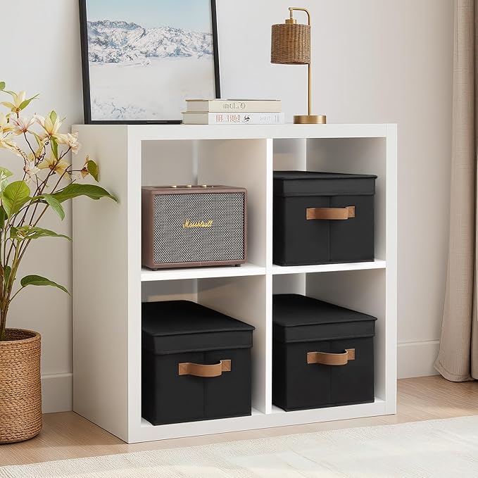 StorageWorks Large Storage Bins with Lids, Decorative Storage Boxes with Lid and PU Handles, Foldable Storage Baskets for Closet, Shelves, Stackable, Black, 3-Pack-CasaMuseHome