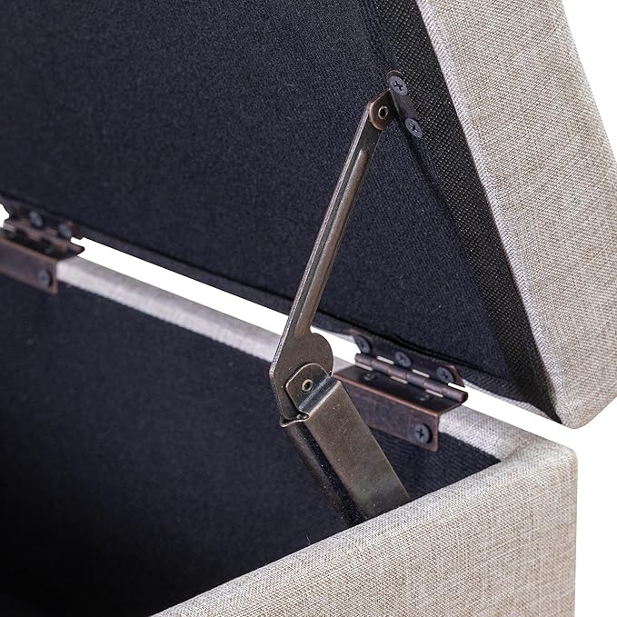 Adeco 18 Inch High Cube Ottoman Storage, Linen Chair Foot Stools, Upholstered Vanity Stool with Hinged Lid, Solid Wood Legs (Beige Grey)-CasaMuseHome