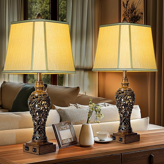 28.5'' Tall Farmhouse Vintage Table Lamp Set of 2 with Faux Silk Shade USB Ports Nightlight Decor for Bedside Living Room Bedroom Nightstands Office Home, Dark Bronze(Bulbs Included)-CasaMuseHome