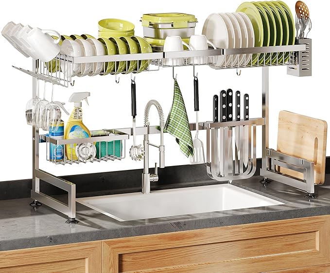 2 Tier Extra Large Stainless Steel Expandable Over The Sink Dish Drainer Drying Rack, Rust Proof Metal, Space Saving, Modern Silver Big Capacity Extendable Plate Strainers Above Kitchen Counter-CasaMuseHome