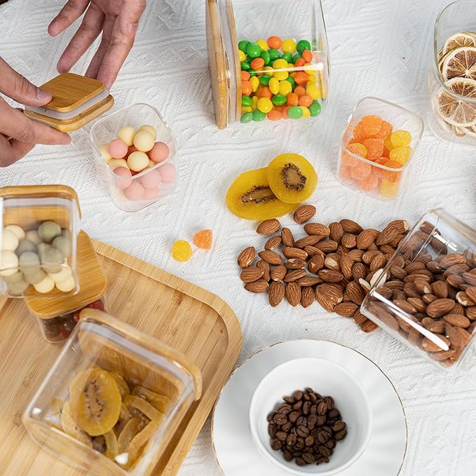 22oz Airtight Square Spice Containers with Bamboo Lid Set of 6 (650ml) Kitchen Pantry Organization Jar Stackable Spice Jar, for Sugar, Tea, Cookies and Coffee beans (‎with Black Lable)-CasaMuseHome