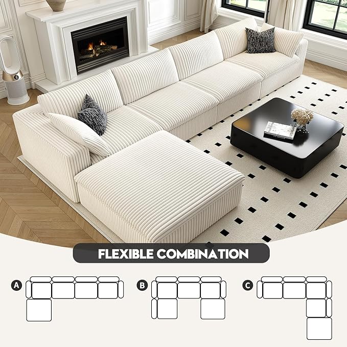 157.5" Cloud Couch Modular Sectional Sofa for Living Room,Modern Sofa with Deep Seat，L-Shape Boneless Couch with Ottoman,Comfy Upholstered Corduroy Couches for Apartment, Studio, Office,Bedroom，White-CasaMuseHome