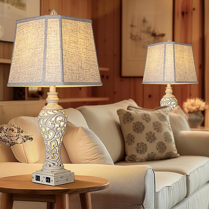 28.5" Table Lamps Set of 2 - Bedside Lamp with Fabric Shades - for Bedroom and Living Room with USB and Nightlight - Perfect for Nightstands and Bedrooms-CasaMuseHome