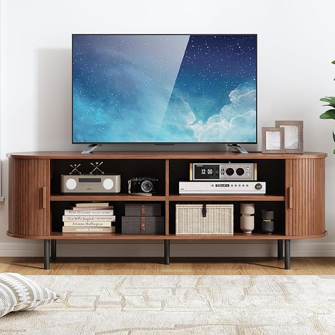63" TV Stand with Power Outlet, Modern Media Console with Sliding Doors, Entertainment Center for TVs up to 60 Inch, Adjustable Shelves, Walnut-CasaMuseHome