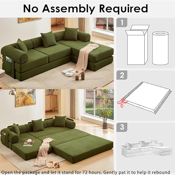 107" Oversized Convertible Sleeper Sofa Bed, Corduroy L Shape Sectional Couch, Folding Sofa Bed with Side Pocket, Modern Cloud Floor Mattress Couch, Modular Sofa for Living Room, Green-CasaMuseHome