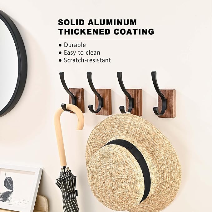 4 Pack Wooden Wall Hooks for Hanging, Adhesive Mounted & Wall Mount Nature Wood Coat Hooks for Towel Clothes Blanket Hat Backpack Robe Nursery Door Board Entryway Key Holder-CasaMuseHome